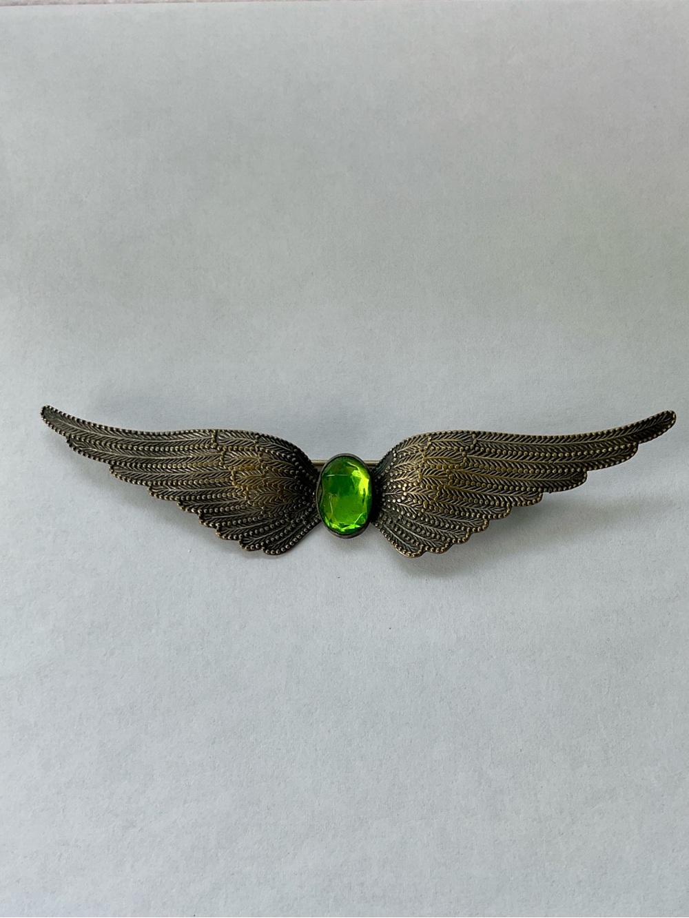 Art Nouveau Faceted Green Glass Silver & Brass Feather Angel Winged Brooch 4”